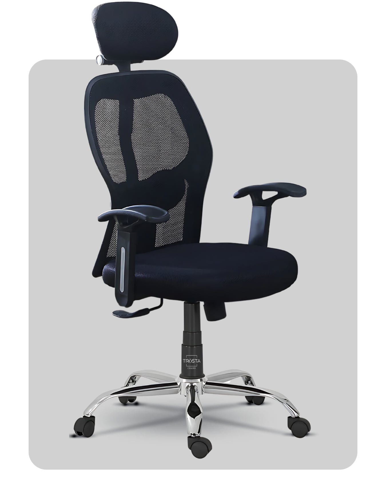 Ergonomic high-back chair with padded headrest and lumbar support, Model 1A, made by Trosta in Ahmedabad, Gujarat.