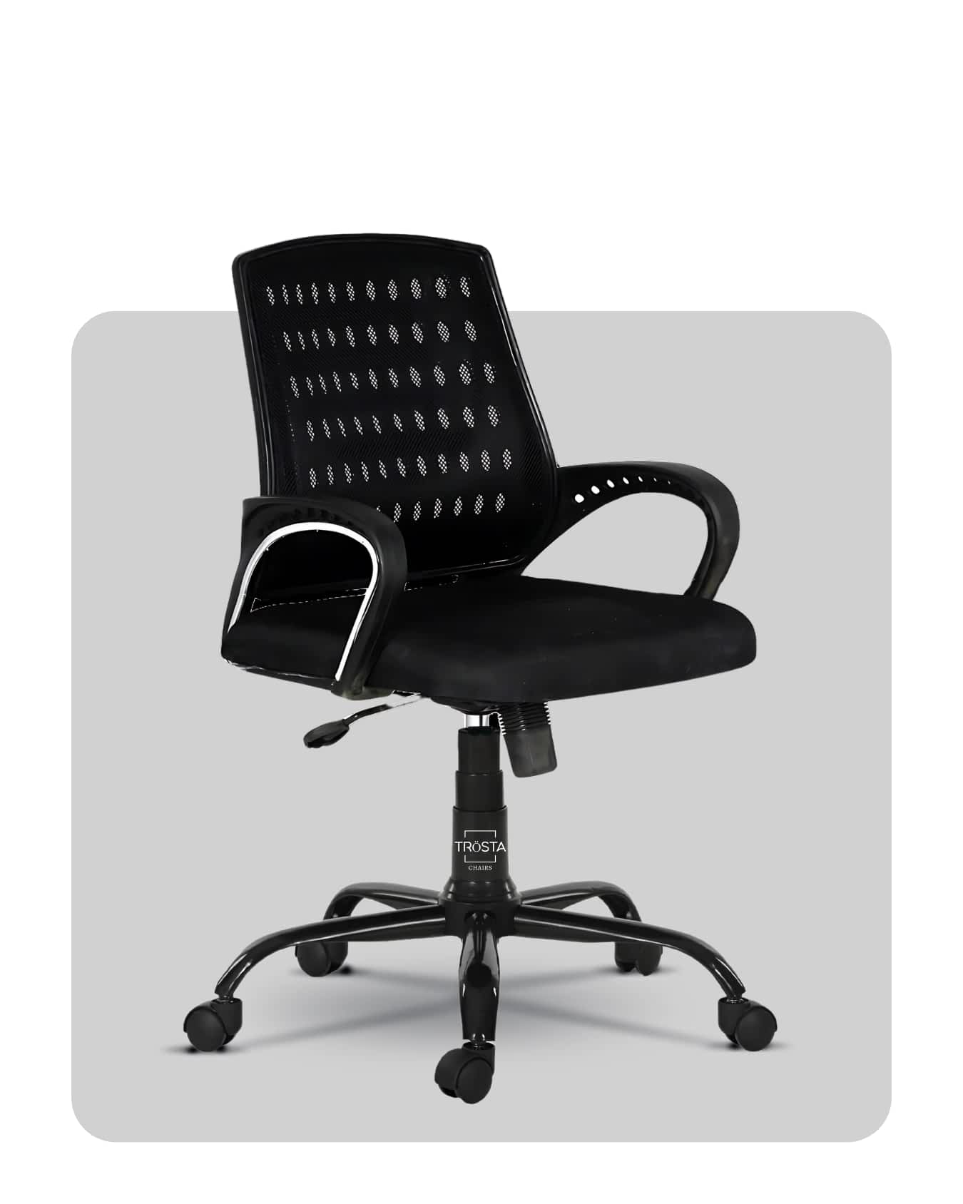 Medium-back office chair with mesh design for cooling comfort, designed by Trosta in Ahmedabad.