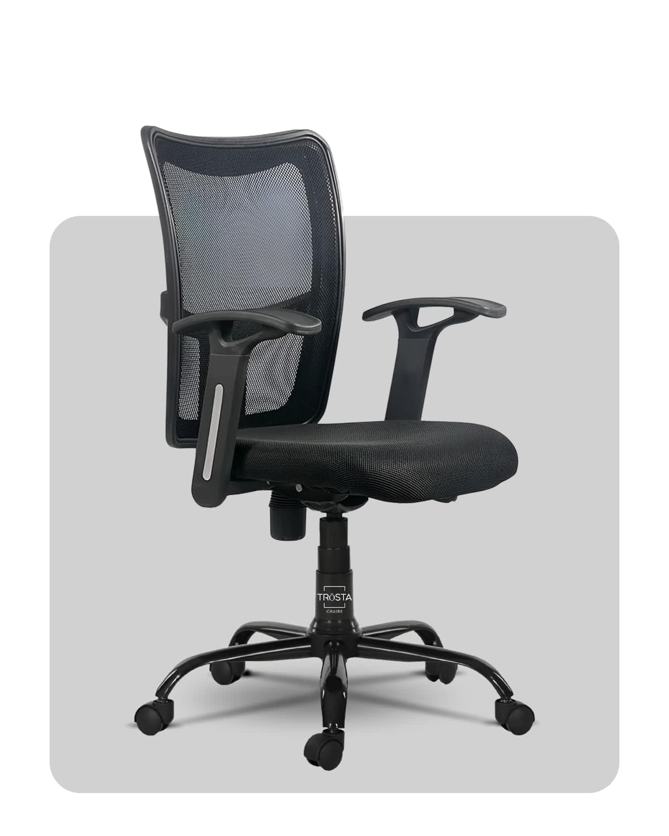 Mesh-back office chair with ergonomic back support, ideal for long hours, crafted by Trosta in Ahmedabad.