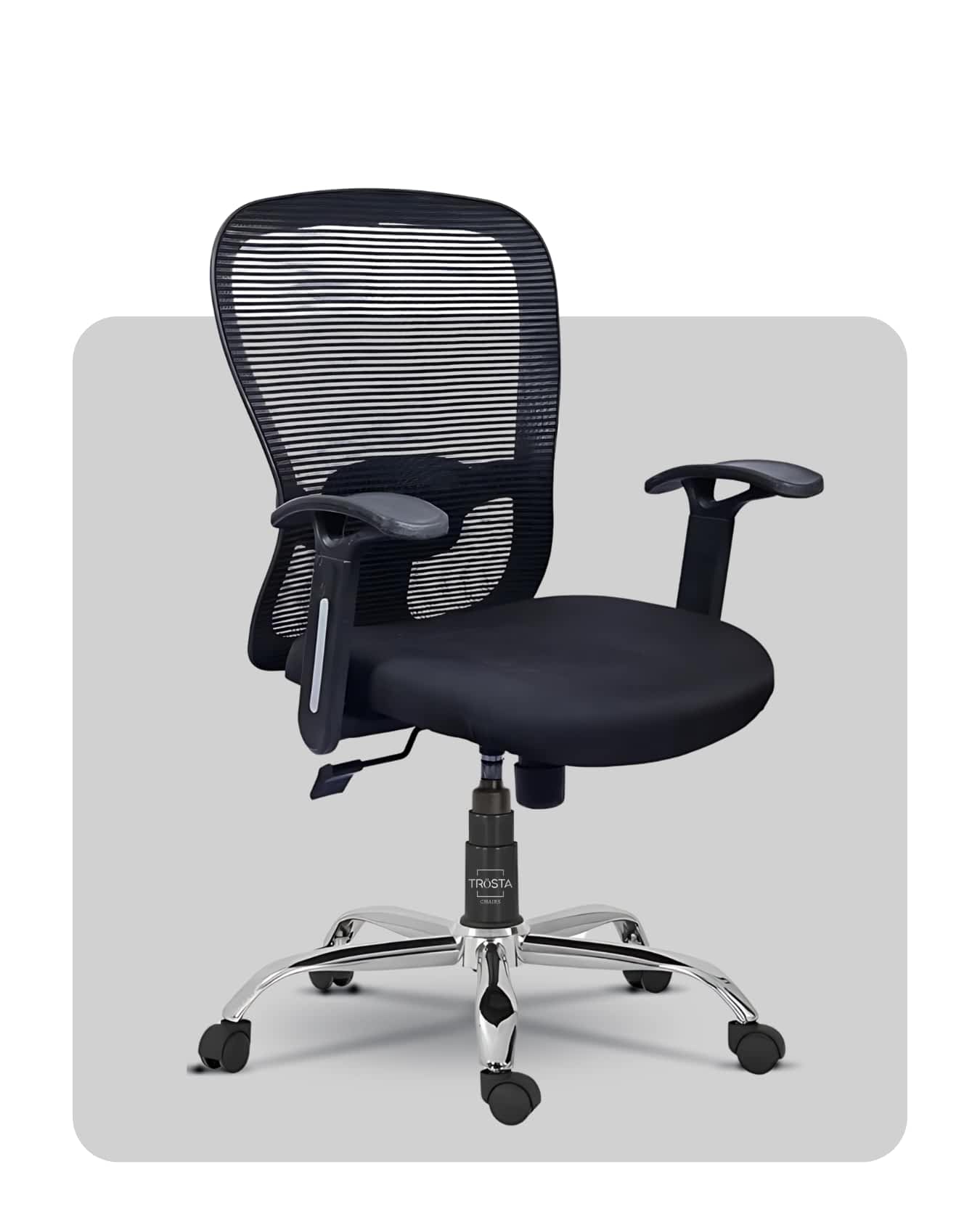 Compact and durable ergonomic office chair with breathable mesh, designed by Trosta in Gujarat.