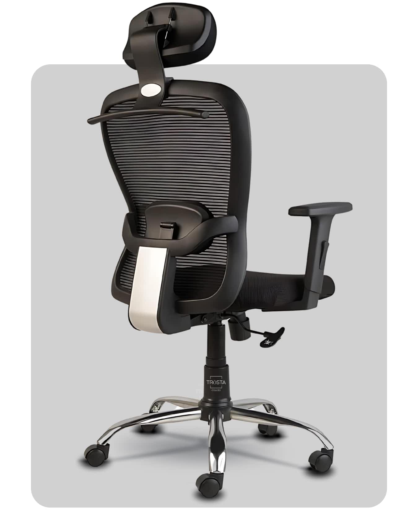 Ergonomic chair with headrest and adjustable lumbar support, made in Ahmedabad by Trosta.