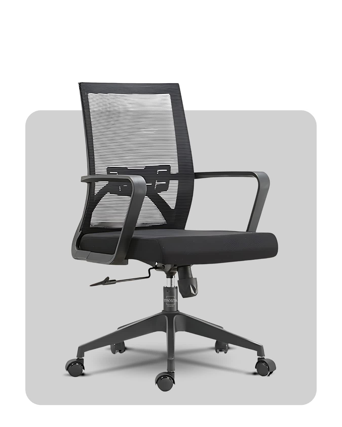 Office chair with a mesh back and adjustable armrests for added comfort, designed by Trosta, Gujarat.