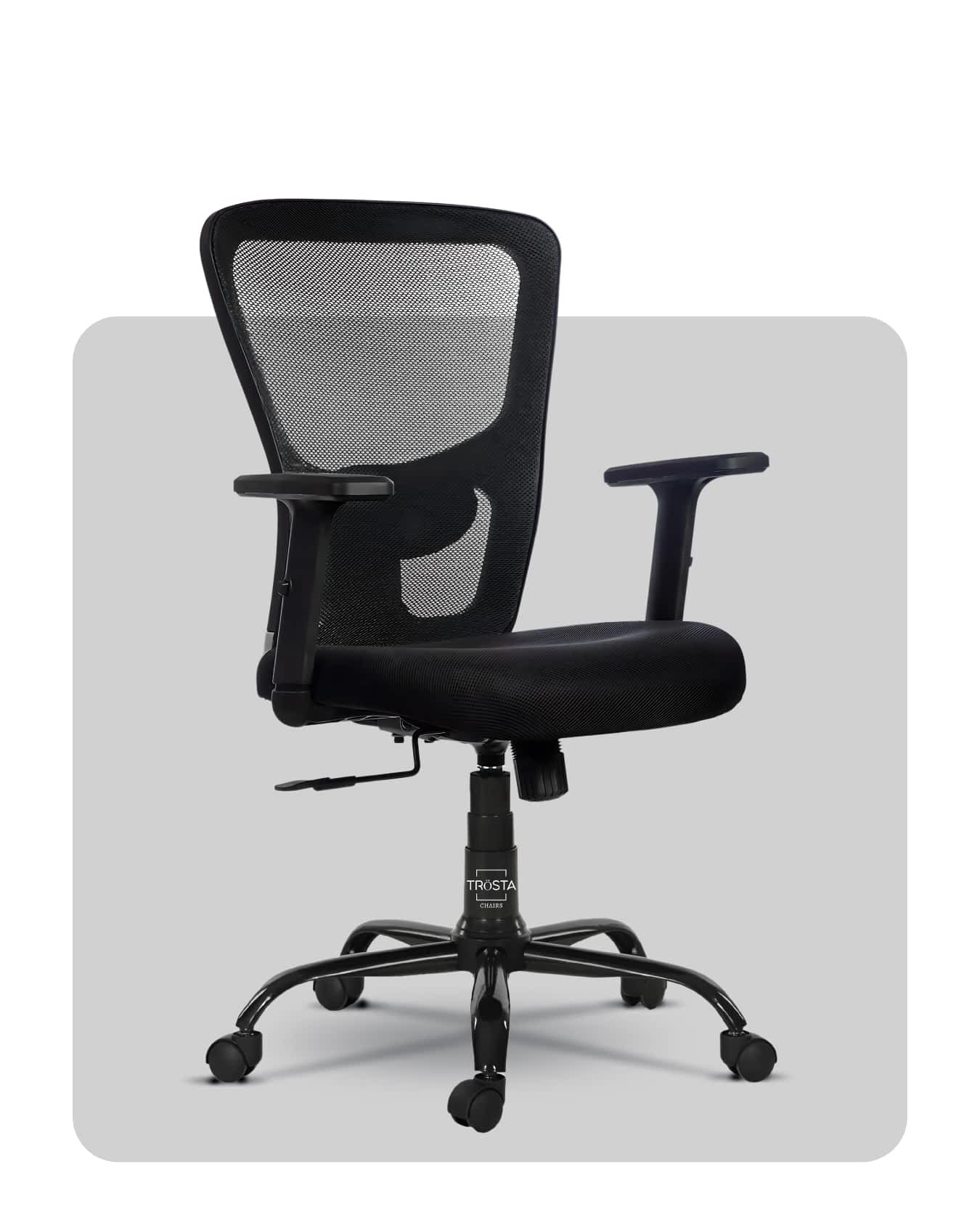 Ergonomic mesh-back chair with metal base for excellent support and breathability, crafted in Ahmedabad by Trosta.