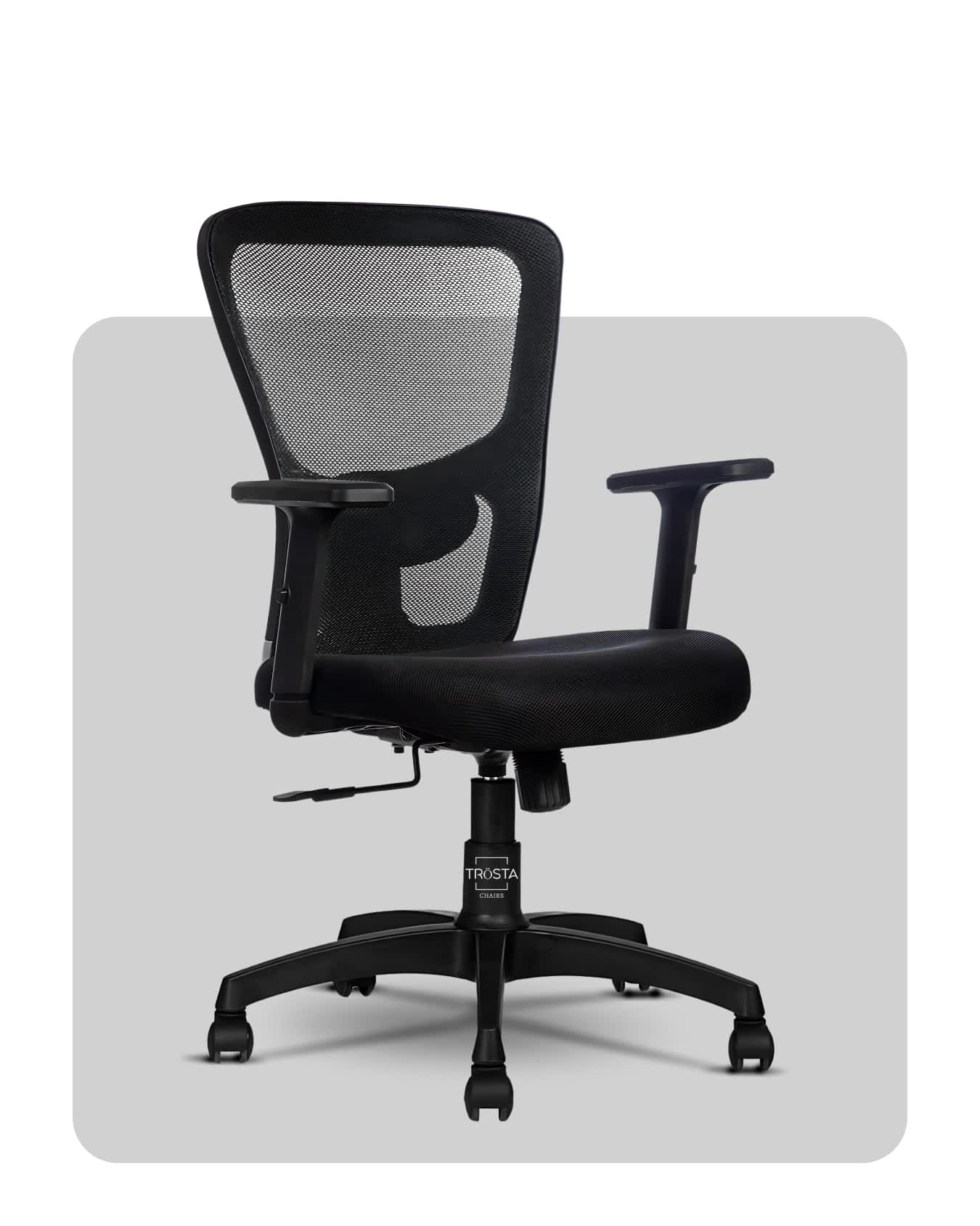 Ergonomic mesh-back chair for excellent support and breathability, crafted in Ahmedabad by Trosta.