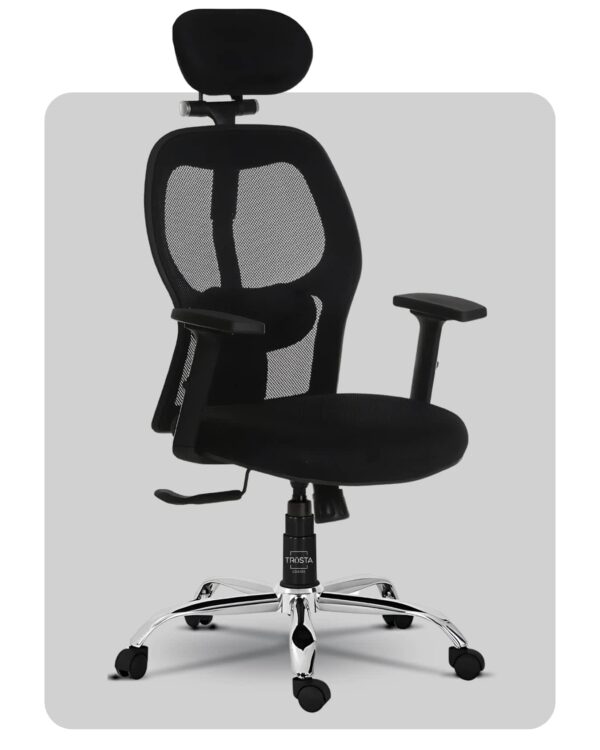 Ergonomic high-back chair with padded headrest and lumbar support, Model 1A, made by Trosta in Ahmedabad, Gujarat.