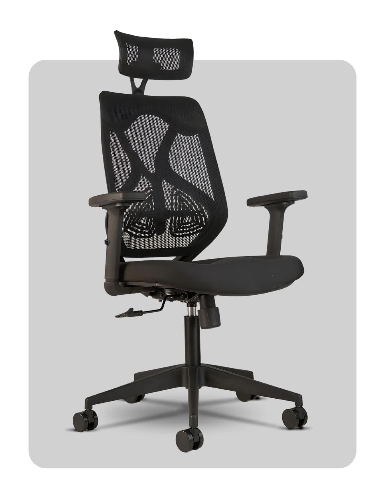 Office chair with ergonomic cushioning and a fully adjustable headrest, crafted by Trosta in Gujarat.