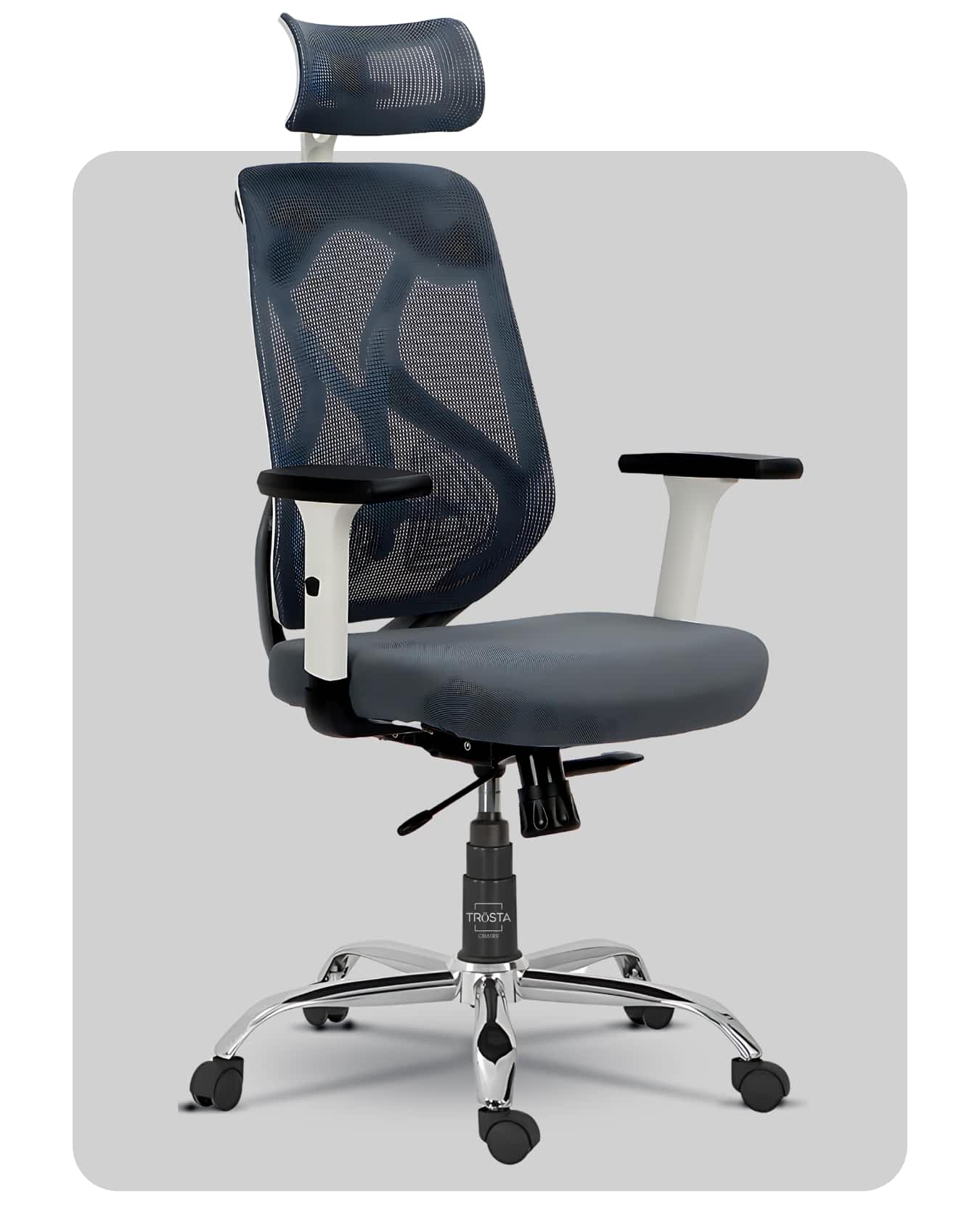 Ergonomic chair with advanced tilt mechanism and sturdy design, manufactured by Trosta in Gujarat.