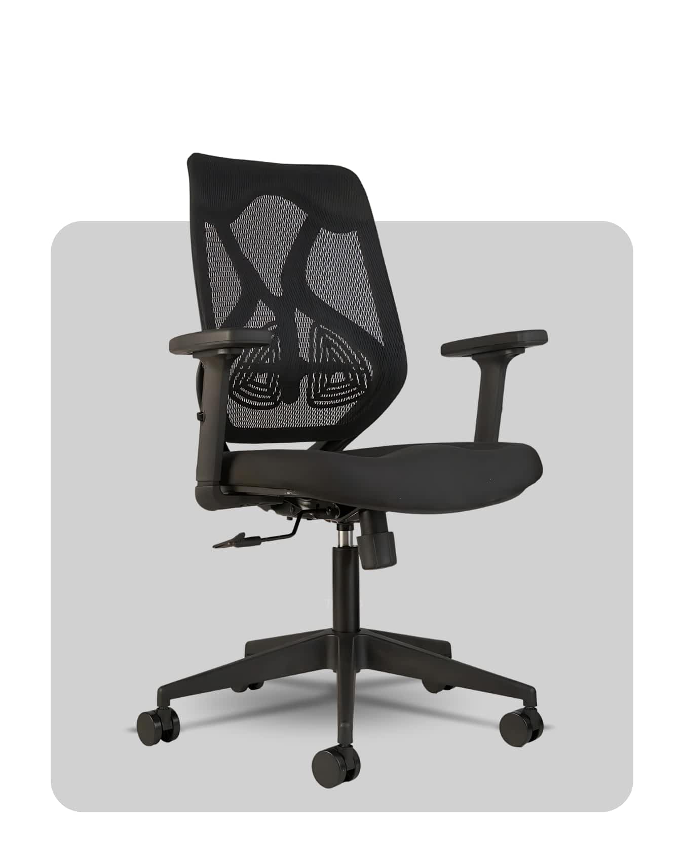 Durable ergonomic chair with adjustable lumbar support and breathable mesh back, made by Trosta in Gujarat.