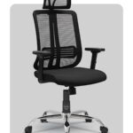 High-back office chair with adjustable arms and swivel base, designed by Trosta, Gujarat’s ergonomic chair manufacturer.