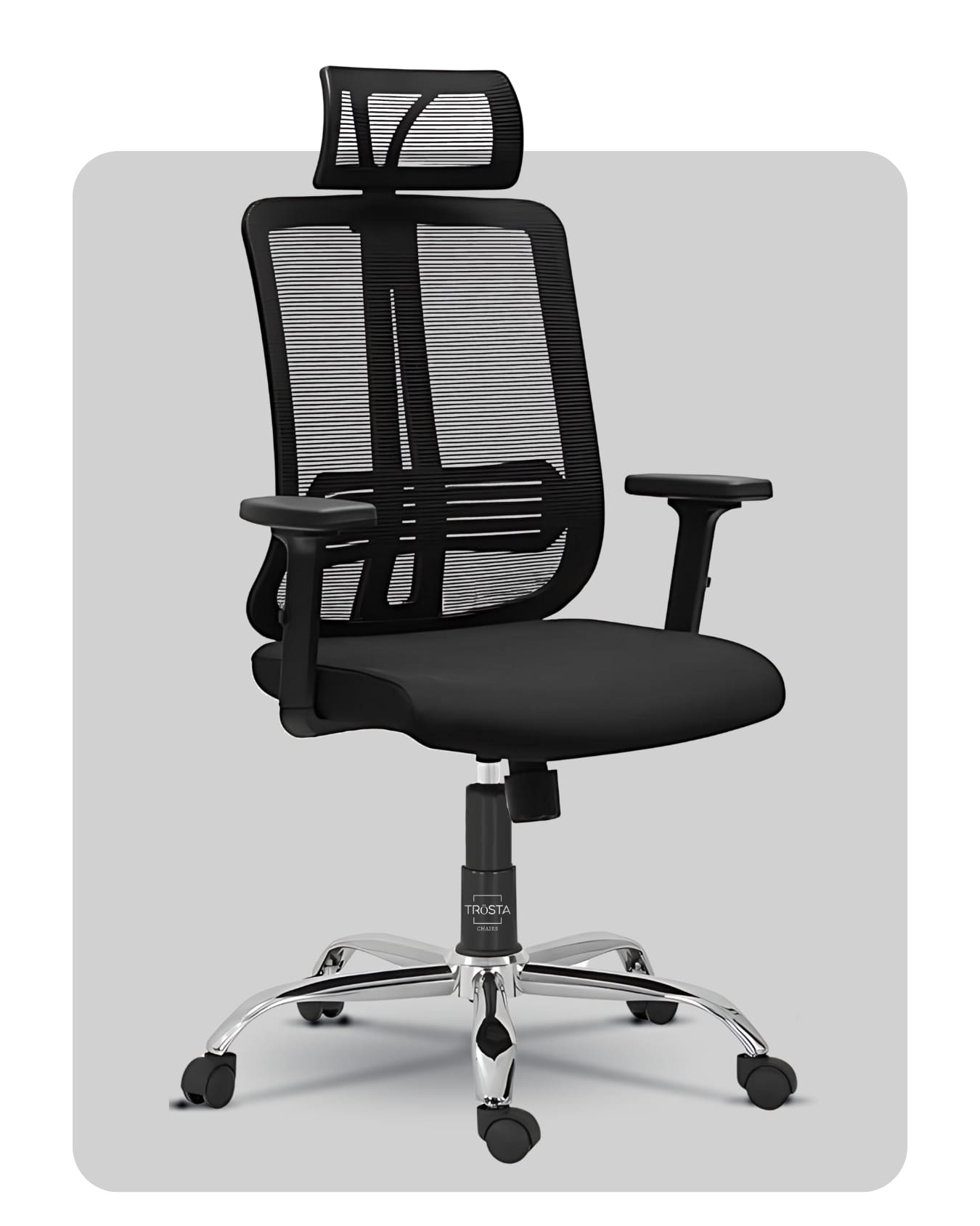 High-back office chair with adjustable arms and swivel base, designed by Trosta, Gujarat’s ergonomic chair manufacturer.