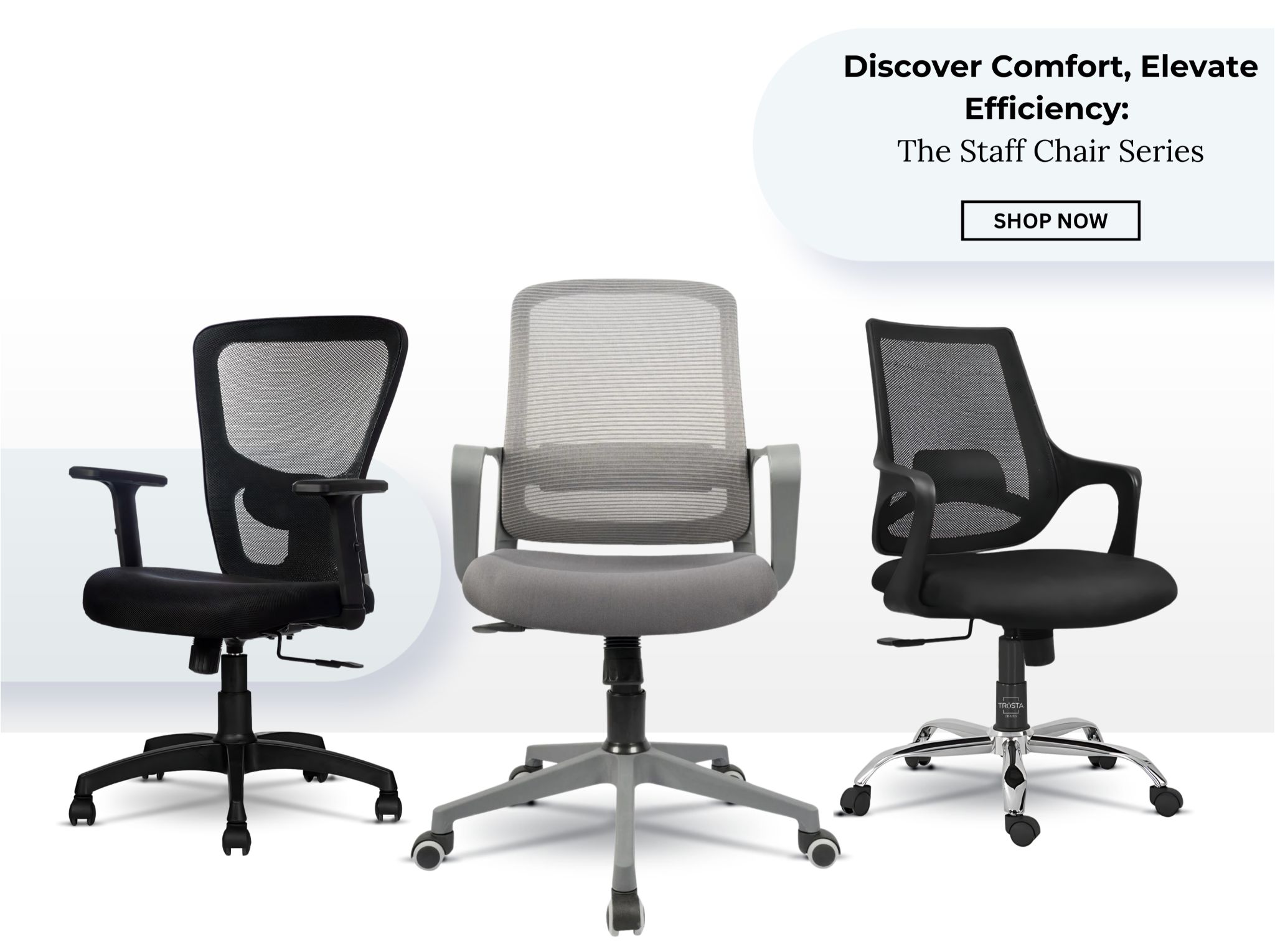 Ergonomic mid-back chair with headrest, lumbar support, and handles. Manufactured by Trosta, a leading office revolving ergonomic chair manufacturer in Ahmedabad, Gujarat.