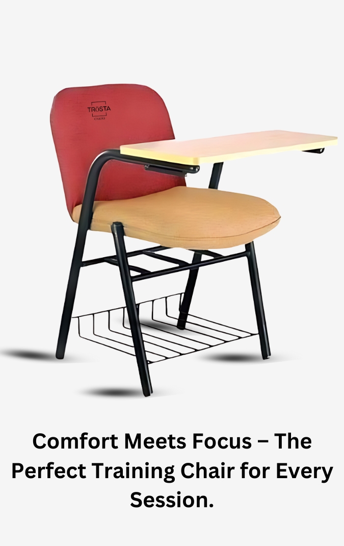 Training chair with a convenient writing pad, ideal for educational and professional settings. Designed by Trosta, based in Gujarat, India.