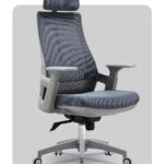 Grey ergonomic high-back mesh office chair with adjustable headrest, armrests, and five-wheel base.