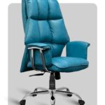 Turquoise blue high-back office chair with plush padding, chrome base, and cushioned armrests.