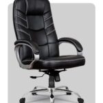 Black high-back executive office chair with white contrast stitching, padded armrests, and a chrome base.
