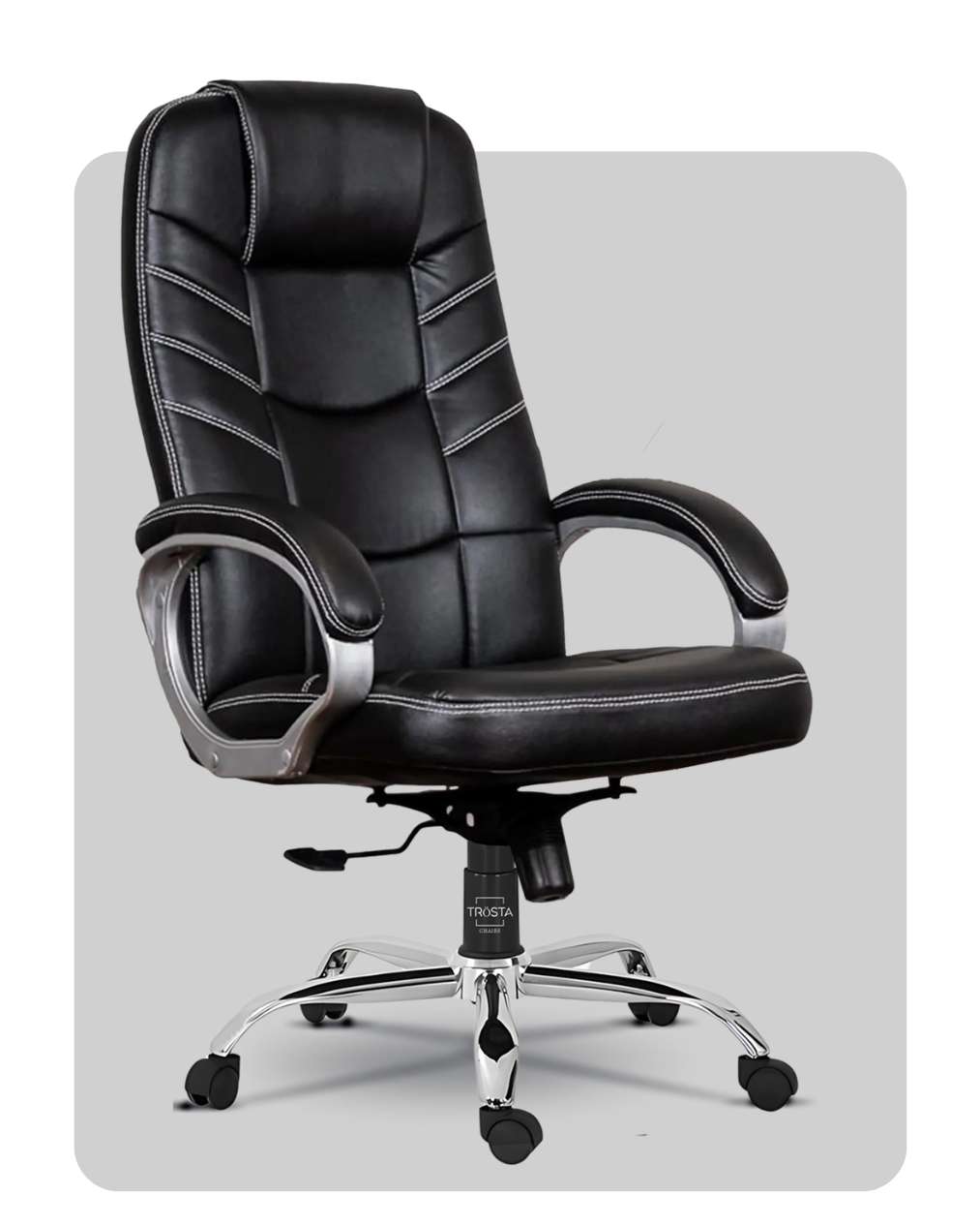 Black high-back executive office chair with white contrast stitching, padded armrests, and a chrome base.