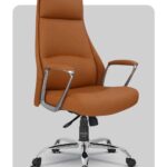 High-back brown office chair with chrome armrests and base, featuring a sleek, modern design.
