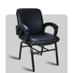 Black cushioned visitor chair with fixed armrests and sturdy powder-coated metal legs.
