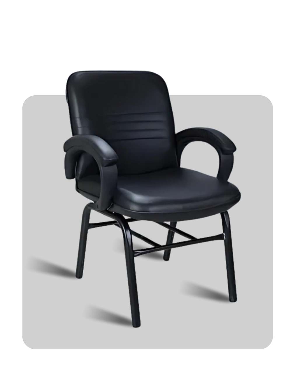 Black cushioned visitor chair with fixed armrests and sturdy powder-coated metal legs.