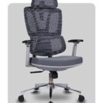Grey ergonomic high-back mesh office chair with segmented backrest, adjustable headrest, and chrome base.